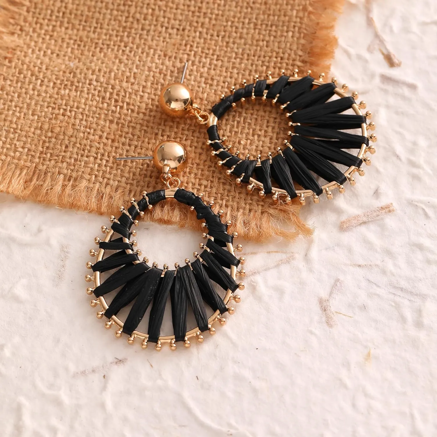 Viva Joya Boho Raffia Teardrop Earrings for Women, Large Statement Drop Dangle Earrings for Prom, Aesthetic Fashion Trendy Jewelry, Handmade Woven Beach Bridal Shower Earrings