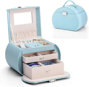 Vlando Jewelry Box for Girls Princess Style Girls Jewelry Box 3-Layer Kids Jewelry Box with Mirror Jewelry Box for Girls 8-12 Birthday Gifts for Girl (Blue)