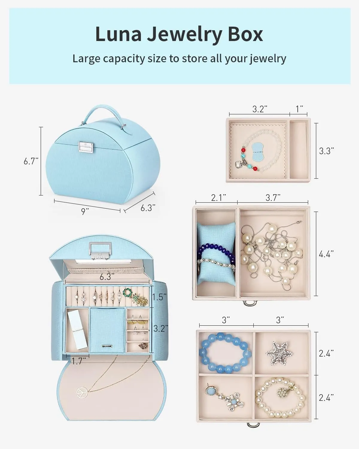 Vlando Jewelry Box for Girls Princess Style Girls Jewelry Box 3-Layer Kids Jewelry Box with Mirror Jewelry Box for Girls 8-12 Birthday Gifts for Girl (Blue)