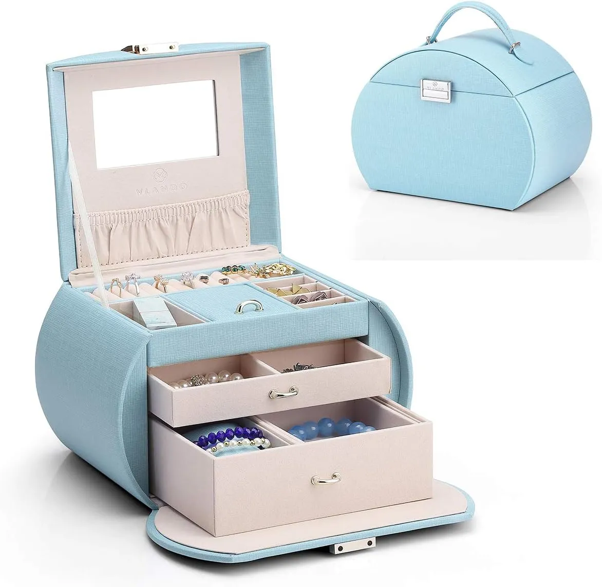 Vlando Jewelry Box for Girls Princess Style Girls Jewelry Box 3-Layer Kids Jewelry Box with Mirror Jewelry Box for Girls 8-12 Birthday Gifts for Girl (Blue)