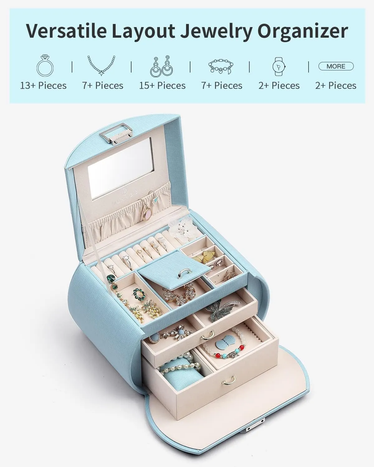 Vlando Jewelry Box for Girls Princess Style Girls Jewelry Box 3-Layer Kids Jewelry Box with Mirror Jewelry Box for Girls 8-12 Birthday Gifts for Girl (Blue)