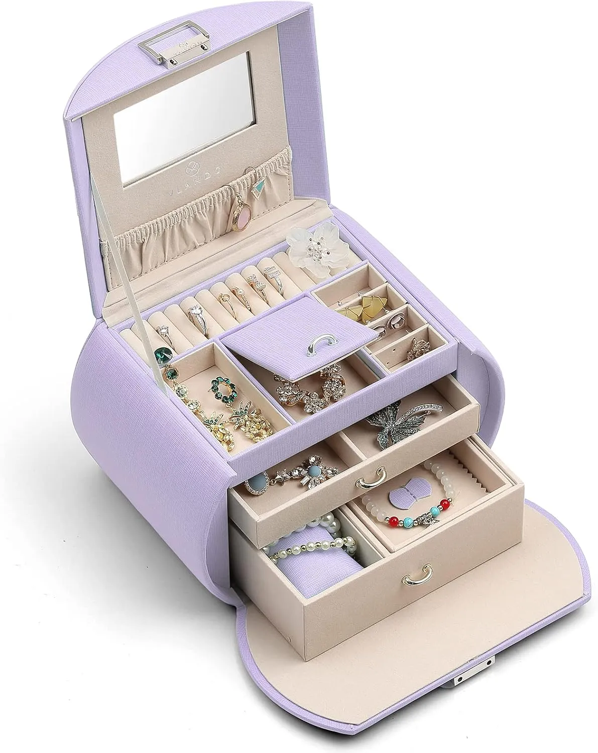 Vlando Princess Style Jewelry Box for Girls - 3-Layer Kids Jewelry Box with Mirror - Valentines Day Gifts for Self (Purple)