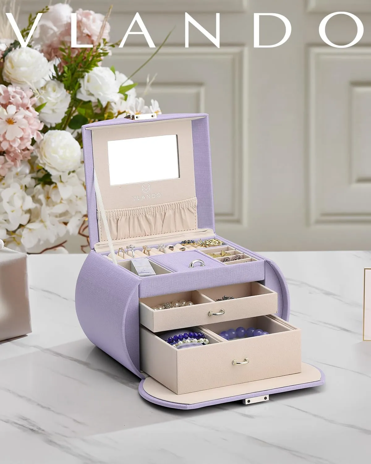 Vlando Princess Style Jewelry Box for Girls - 3-Layer Kids Jewelry Box with Mirror - Valentines Day Gifts for Self (Purple)