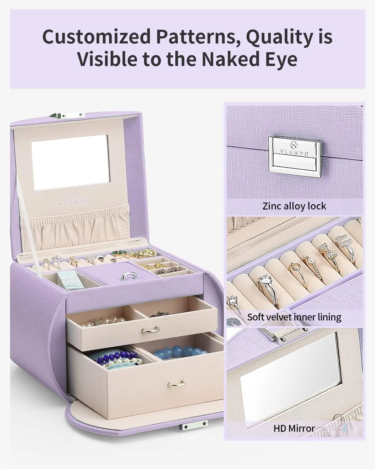 Vlando Princess Style Jewelry Box for Girls - 3-Layer Kids Jewelry Box with Mirror - Valentines Day Gifts for Self (Purple)