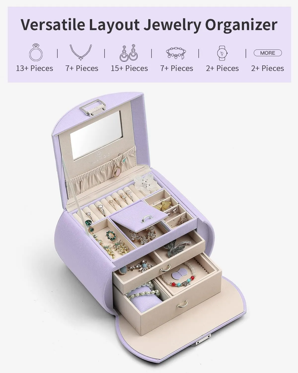 Vlando Princess Style Jewelry Box for Girls - 3-Layer Kids Jewelry Box with Mirror - Valentines Day Gifts for Self (Purple)
