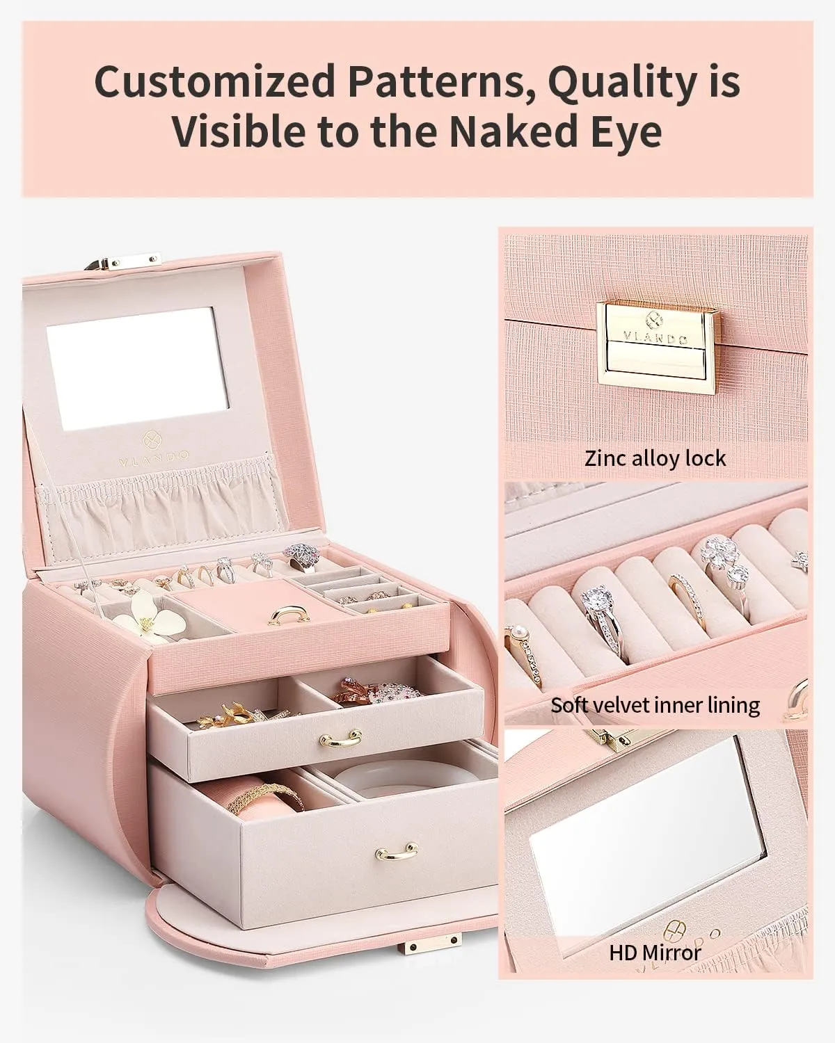 Vlando Princess Style Jewelry Box for Girls Jewelry Box Girls 12-14 3-Layer Kids Jewelry Box with Mirror Little Girls Jewelry Box 8-12 Birthday Gift for Teens Girls (Pink)