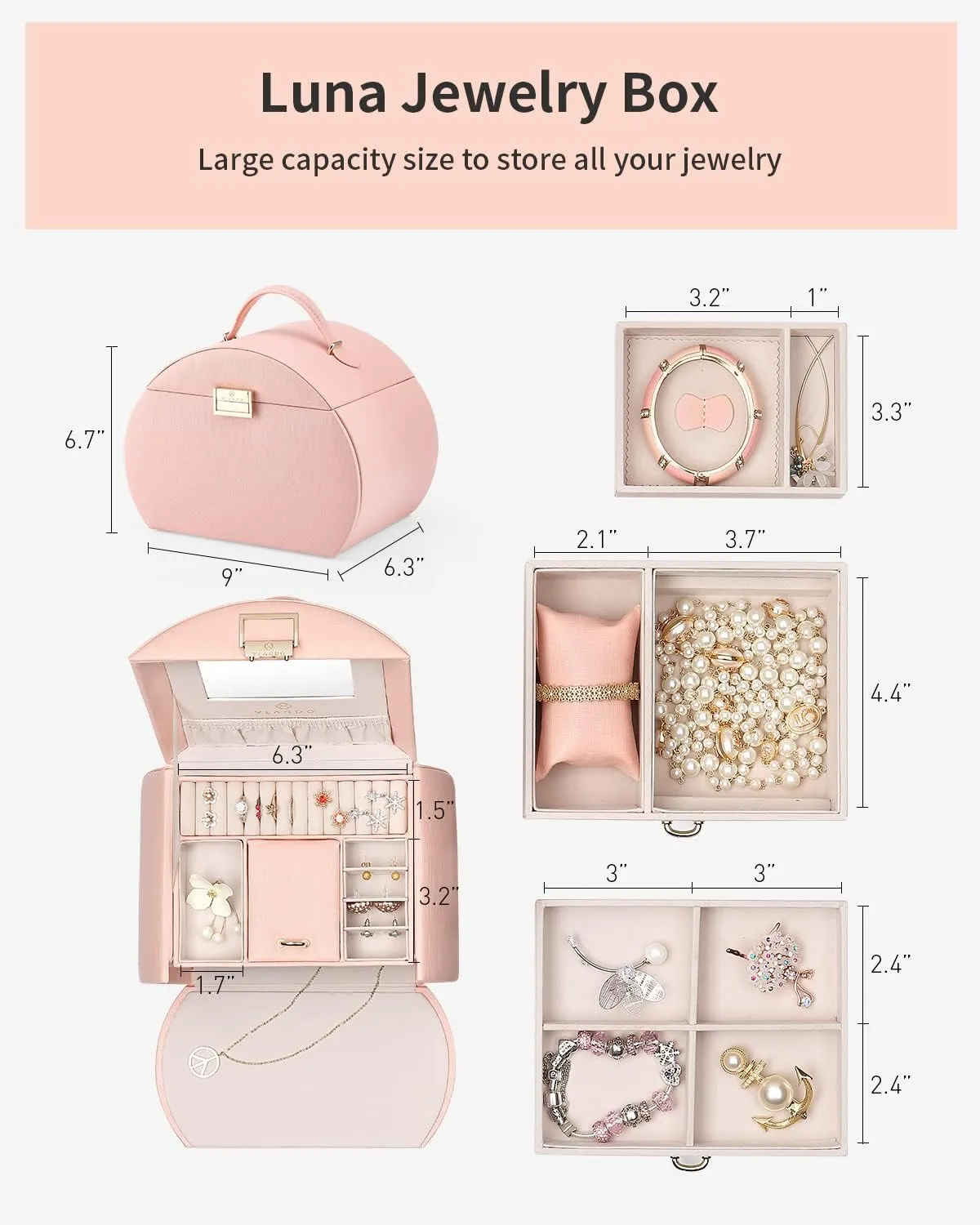 Vlando Princess Style Jewelry Box for Girls Jewelry Box Girls 12-14 3-Layer Kids Jewelry Box with Mirror Little Girls Jewelry Box 8-12 Birthday Gift for Teens Girls (Pink)