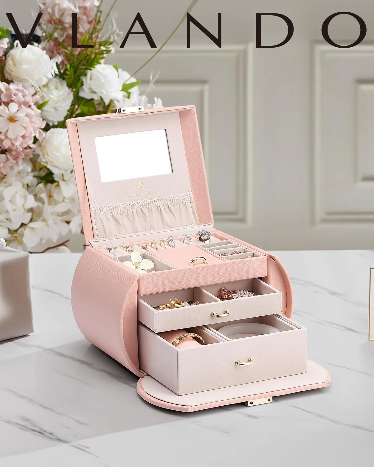 Vlando Princess Style Jewelry Box for Girls Jewelry Box Girls 12-14 3-Layer Kids Jewelry Box with Mirror Little Girls Jewelry Box 8-12 Birthday Gift for Teens Girls (Pink)