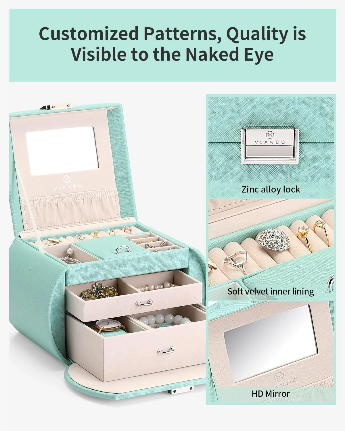 Vlando Princess Style Jewelry Box for Girls Jewelry Box Girls 12-14 3-Layer Kids Jewelry Box with Mirror Little Girls Jewelry Box 8-12 Christmas Gift for Teens Girls (Mint Green)