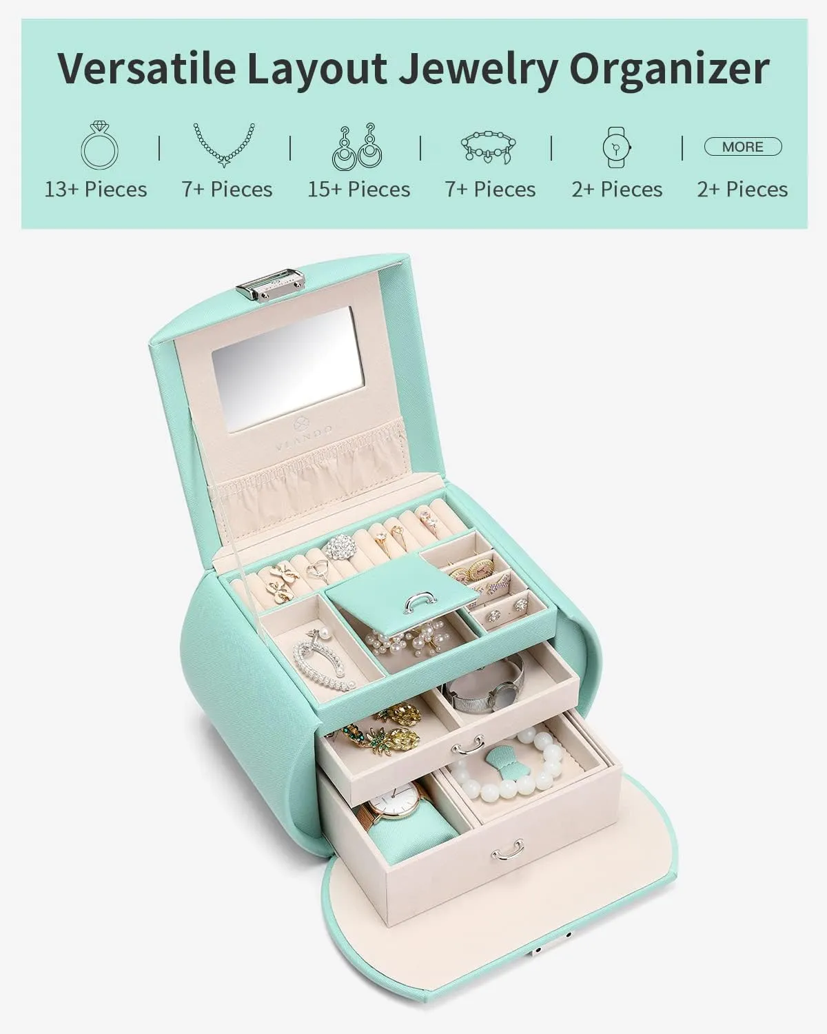 Vlando Princess Style Jewelry Box for Girls Jewelry Box Girls 12-14 3-Layer Kids Jewelry Box with Mirror Little Girls Jewelry Box 8-12 Christmas Gift for Teens Girls (Mint Green)