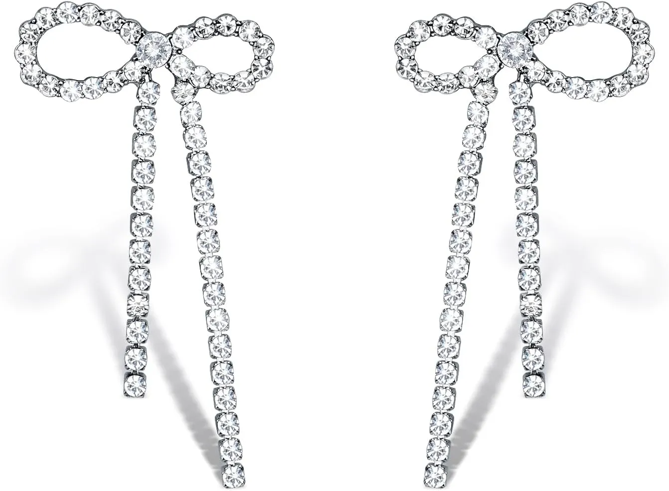 Wecoe Silver Bow Cuff Earrings for Women Girls Earring Cuffs Non Pierced Hypoallergenic Cartilage Clip On Diamond Dangle Tassel Rhinestone Earrings Wedding Statement Jewelry Gifts Aretes De Mujer