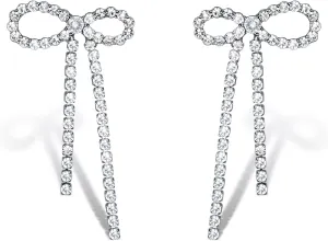Wecoe Silver Bow Cuff Earrings for Women Girls Earring Cuffs Non Pierced Hypoallergenic Cartilage Clip On Diamond Dangle Tassel Rhinestone Earrings Wedding Statement Jewelry Gifts Aretes De Mujer