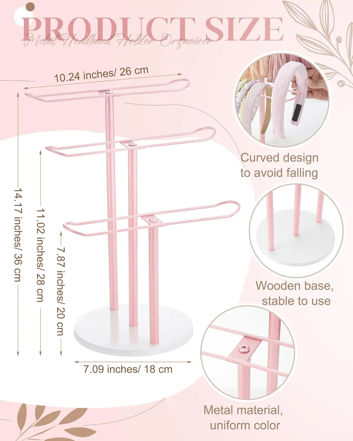 Wenqik Metal Headband Holder 3-Tier Headband Organizer Hairband Hair Hoop Display Stand with Wooden Base Hairband Organizer for Girls Women Bracelets Bangle College Dorm Decor Bedroom Storage