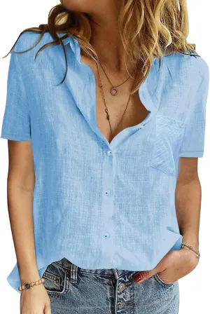 Womens Button Down Shirts Cotton Summer Tops V Neck Short Sleeve Shirt Collar Blouse Casual Plain Tshirt Work Tops
