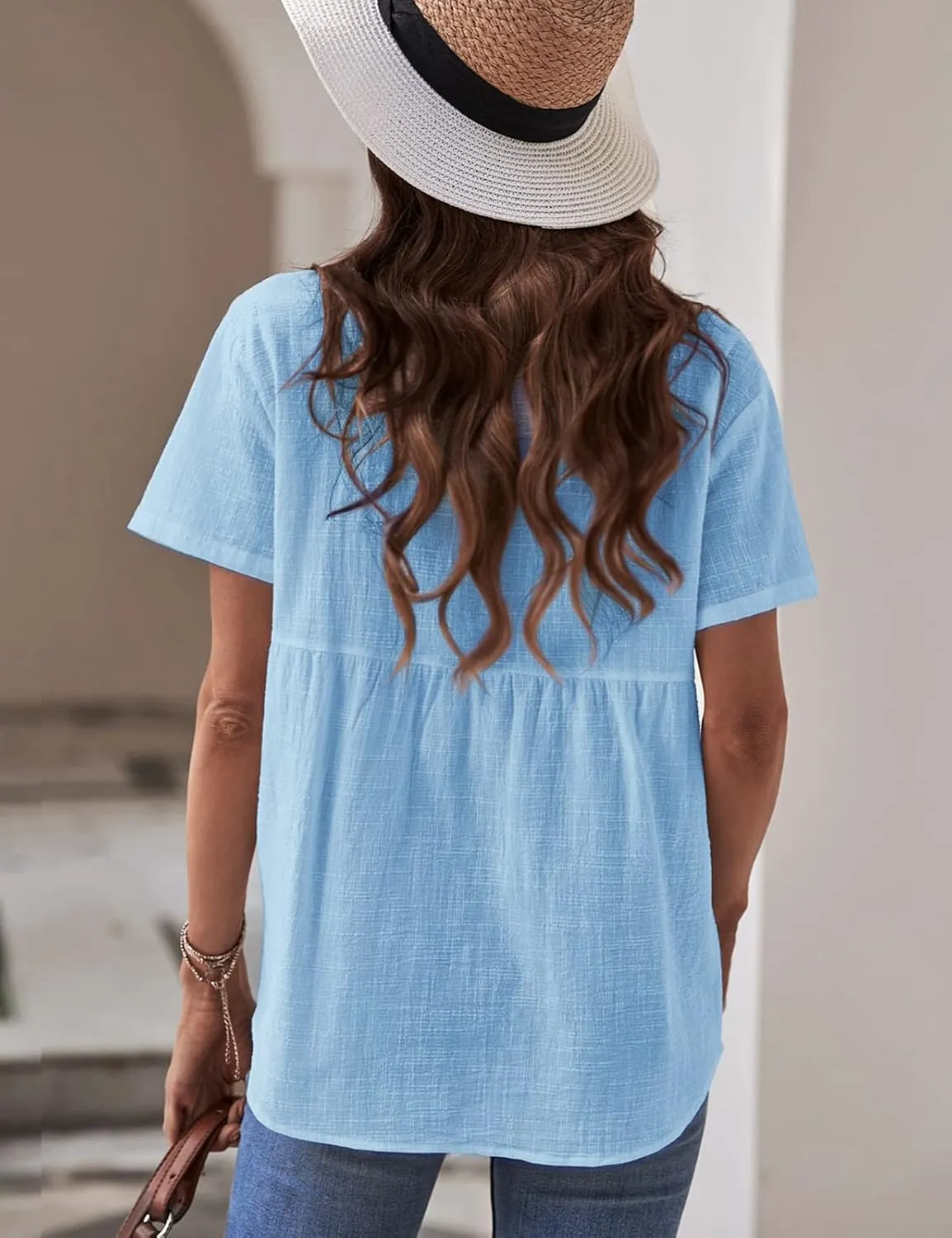 Womens Button Down Shirts Cotton Summer Tops V Neck Short Sleeve Shirt Collar Blouse Casual Plain Tshirt Work Tops