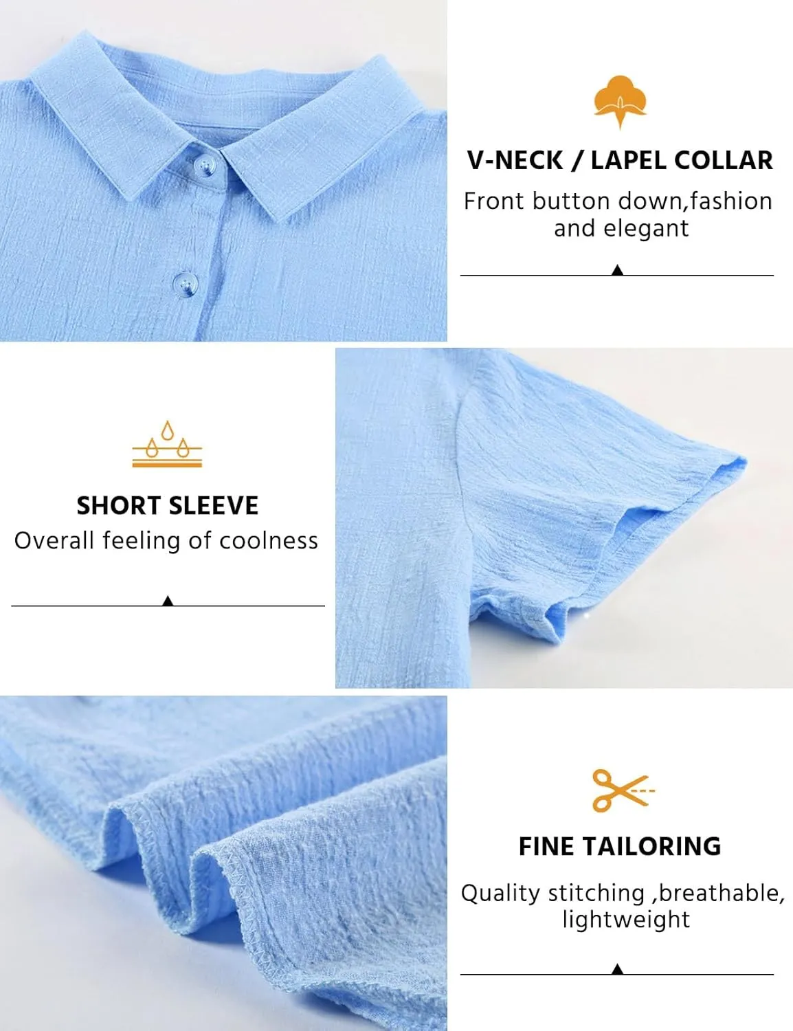 Womens Button Down Shirts Cotton Summer Tops V Neck Short Sleeve Shirt Collar Blouse Casual Plain Tshirt Work Tops
