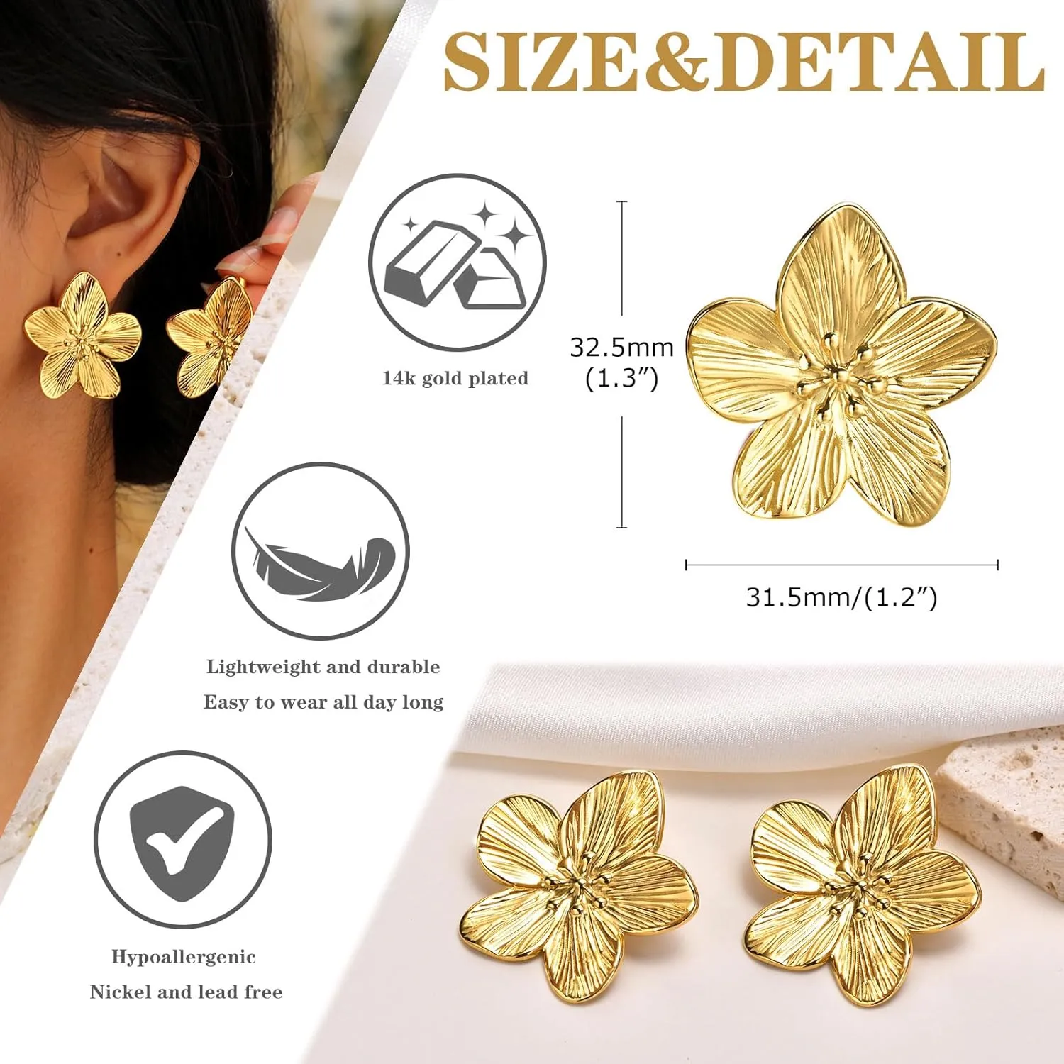 Womens Gold Studs Earrings, 14K Gold Plated Personality Big Stud Earring,Stainless Steel Hypoallergenic Ear Rings Trendy Jewelry,Christmas Birthday Gifts for Her Girlfriend Sister